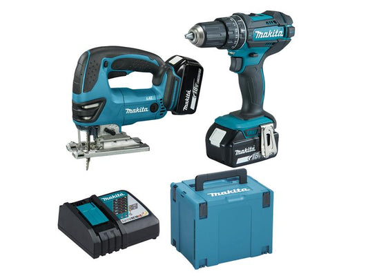 Makita 18V LXT Twin Pack Combi Drill Jigsaw 2 x 5Ah Batteries Case MAKDLX2134TJ