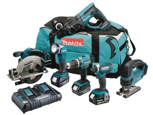 Makita 6 Piece Power Tool Kit 18V 3 x 5.0Ah Li-ion Combi Drill etc DLX6068PT