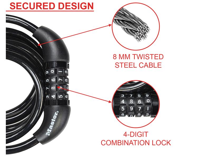 Master Lock Self Coiling Combination Cable 1.8m x 8mm MLK8221E
