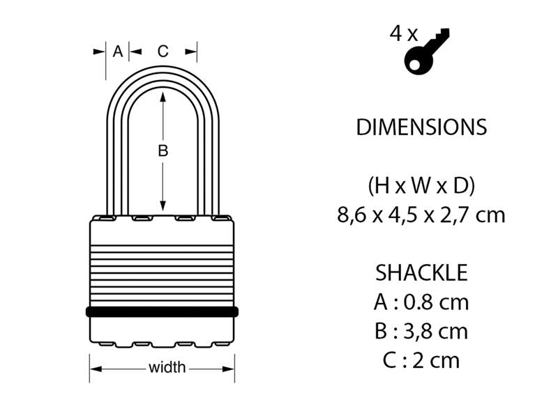 Master Lock Excell™ Laminated Steel 45mm Padlock 4-Pin - 38mm Shackle MLKM1LF