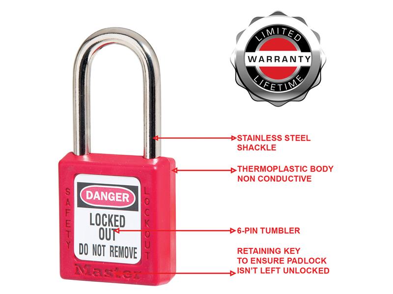 Master Lock Lockout Padlock – 38mm Body & 6mm Hardened Steel Shackle MLKS410RED