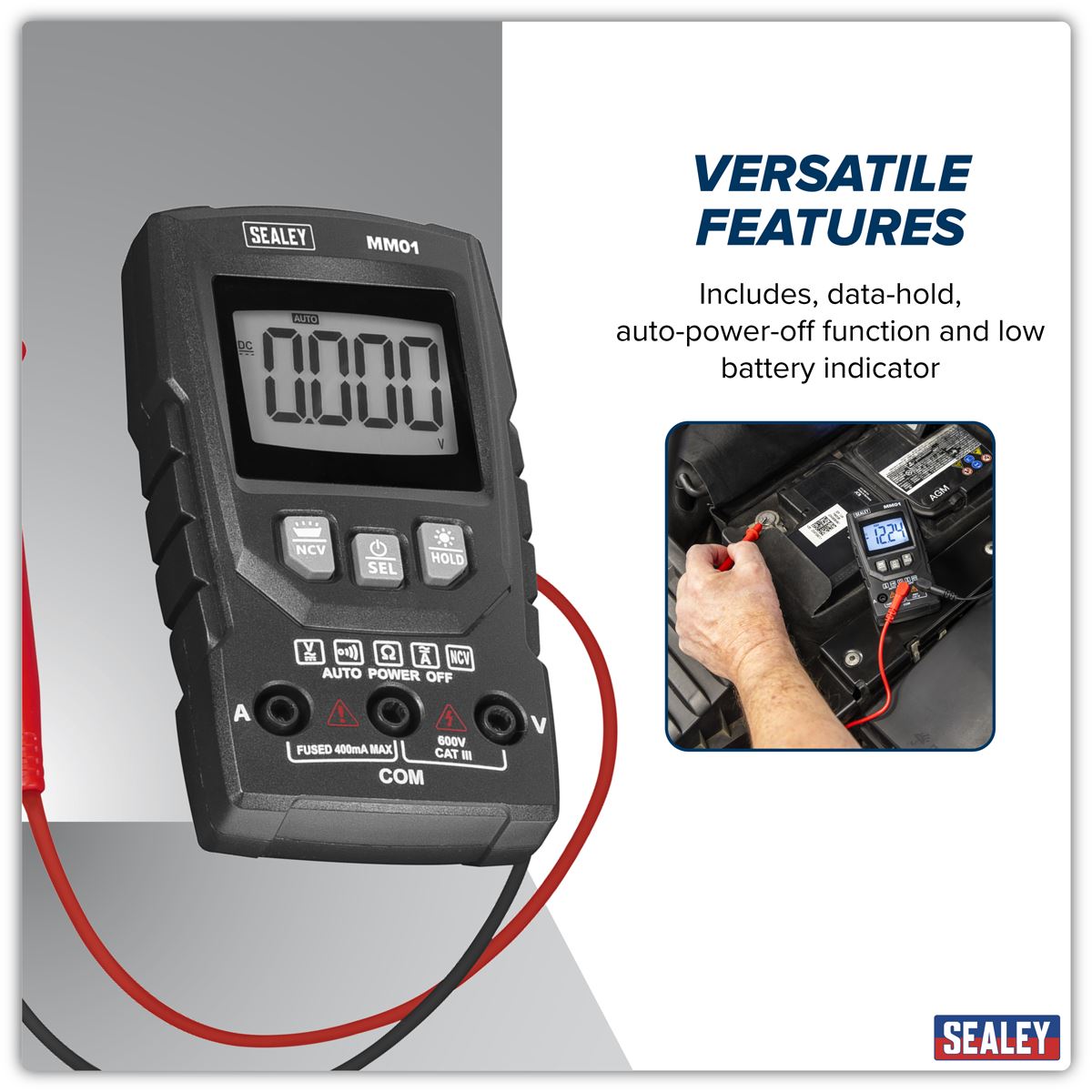 Sealey Auto-Ranging Digital Multimeter 6 Function Data Hold Auto Power Off MM01