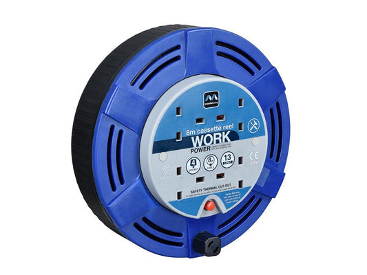 Masterplug Cassette Cable Reel 240V 13A 4-Socket Thermal Cut-Out Blue 8m MSTMCT08134R