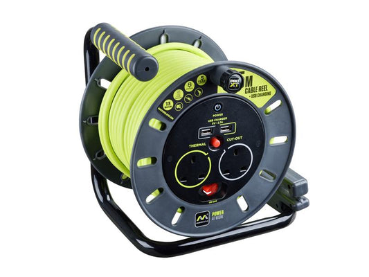 Masterplug PRO-XT Open Cable Reel 240V 13A 2-Socket & 2 USB (2.1A Shared) 25m MSTOMU25132