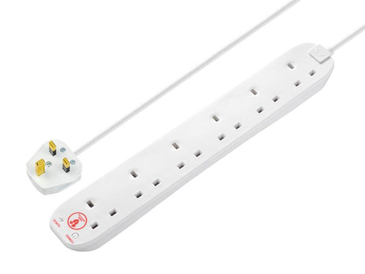 Masterplug Extension Lead 240V 6-Gang 13A White Surge Protected 2m MSTSRG6210