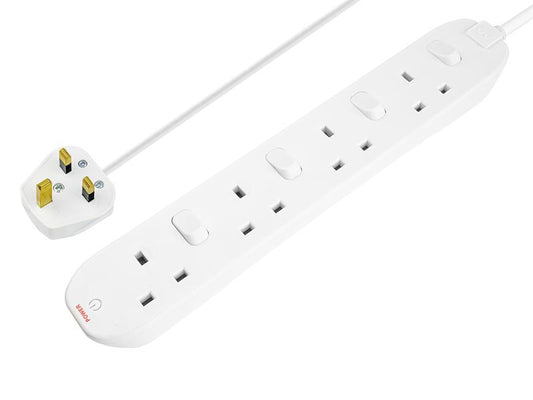 Masterplug Extension Lead 240V 4-Gang 13A White Switched 2m MSTSWC4210