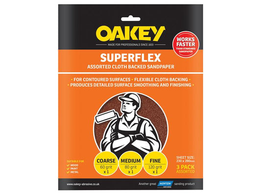 Oakey Superflex Cloth Backed Aluminium Oxide Sheets 230 x 280mm Assorted (3) OAK26734