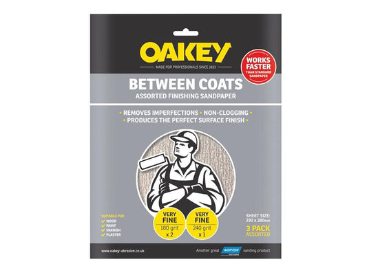 Oakey Between Coats Finishing Sandpaper 230 x 280mm Assorted (3) OAK58625