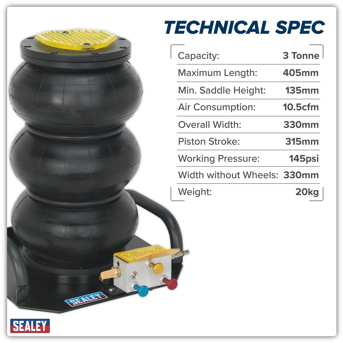 Sealey Premier Air Operated Fast Jack 3 Tonne - 3-Stage PAFJ3S