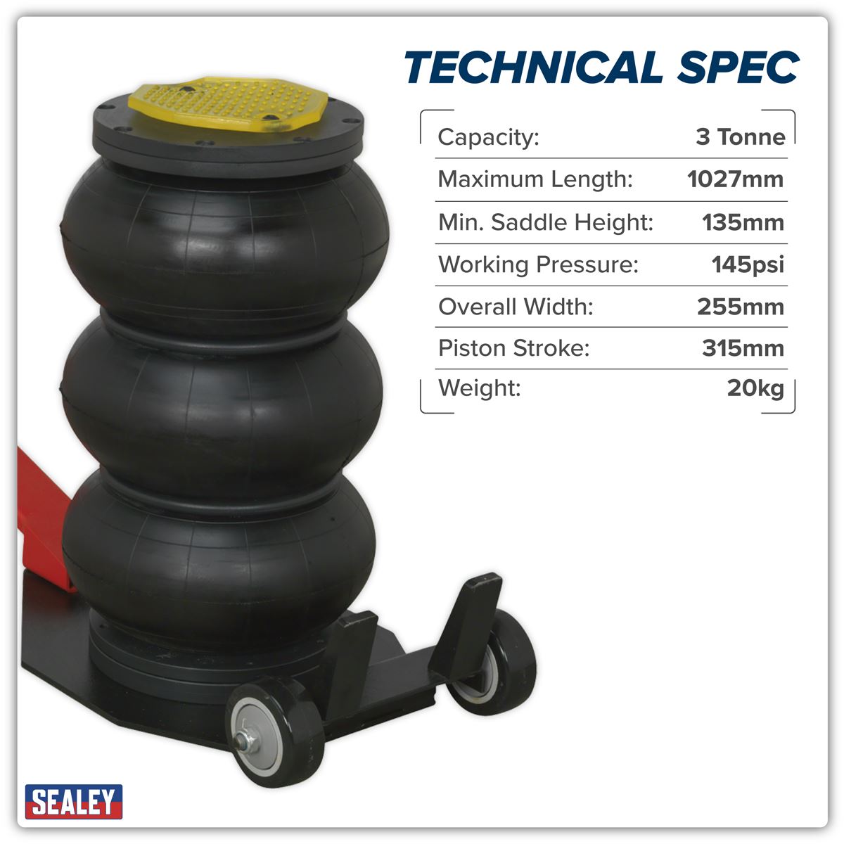 Sealey Premier Air Operated Fast Jack 3 Tonne 3-Stage - Long Handle PAFJ3