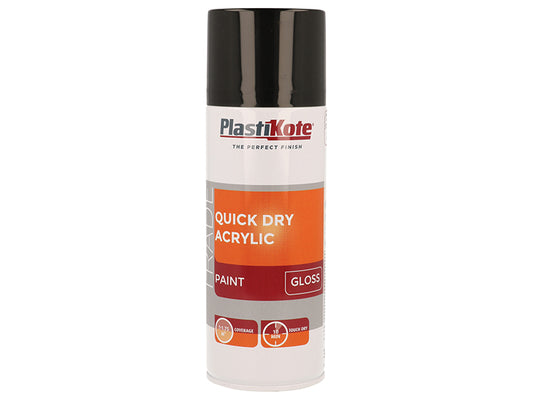 PlastiKote Trade Quick Dry Acrylic Spray Paint Gloss Black 400ml PKT71009