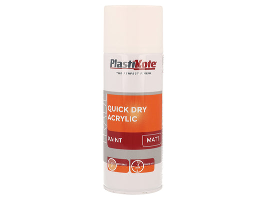 PlastiKote Trade Quick Dry Acrylic Spray Paint Matt White 400ml PKT71010
