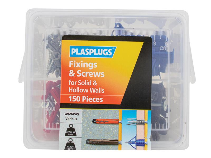 Plasplugs Fixings & Screws Kit for Solid & Hollow Walls, 150 Piece PLAKMIX150