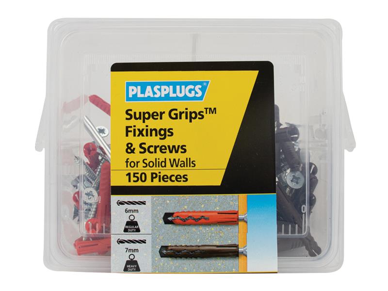 Plasplugs Super Grips™ Fixings & Screws Kit for Solid Walls, 150 Piece PLAKSW150