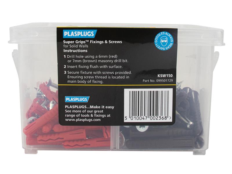 Plasplugs Super Grips™ Fixings & Screws Kit for Solid Walls, 150 Piece PLAKSW150