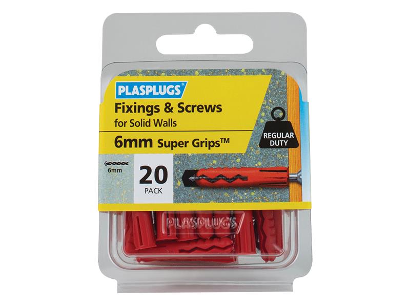 Plasplugs Solid Wall Super Grips™ Fixings Red & Screws Pack of 20 PLASWRS20