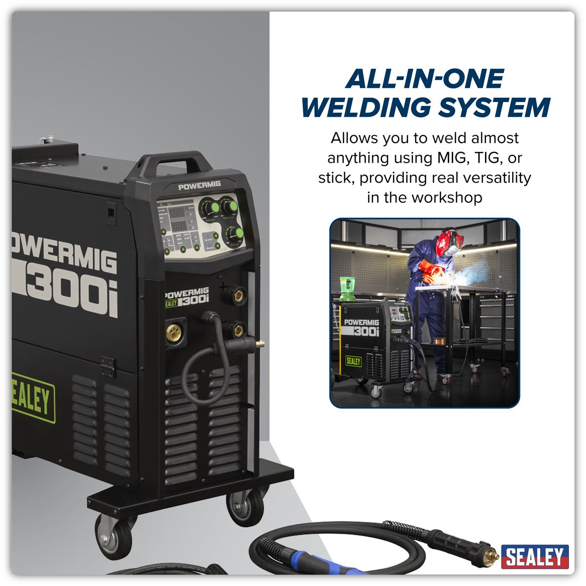 Sealey 400V 3ph 300A Gas Gasless MIG/TIG/MMA Inverter Welder POWERMIG300i