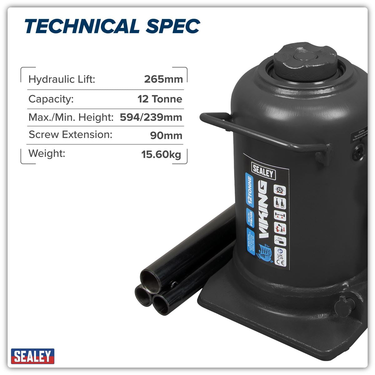 Sealey Viking Telescopic Bottle Jack 12 Tonne PTBJ12S