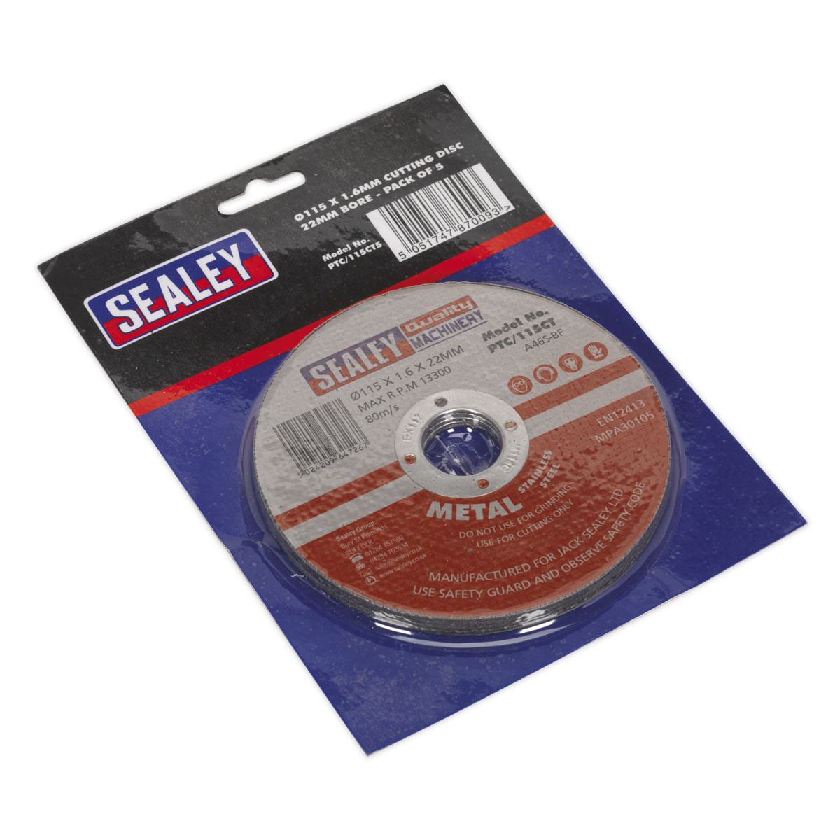 Sealey Cutting Disc �115 x 1.6mm �22mm Bore Pack of 5 PTC/115CT5