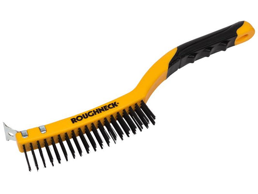 Roughneck Carbon Steel Wire Brush Soft Grip with Scraper 355mm (14in) - 3 Row ROU52030