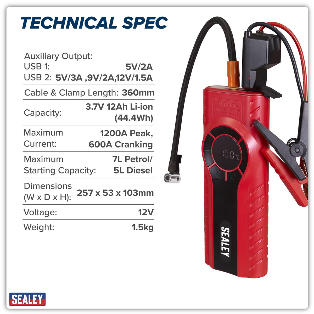 Sealey RoadStart&reg; 1200A 12V Jump Starter & Tyre Inflator RS1200TI