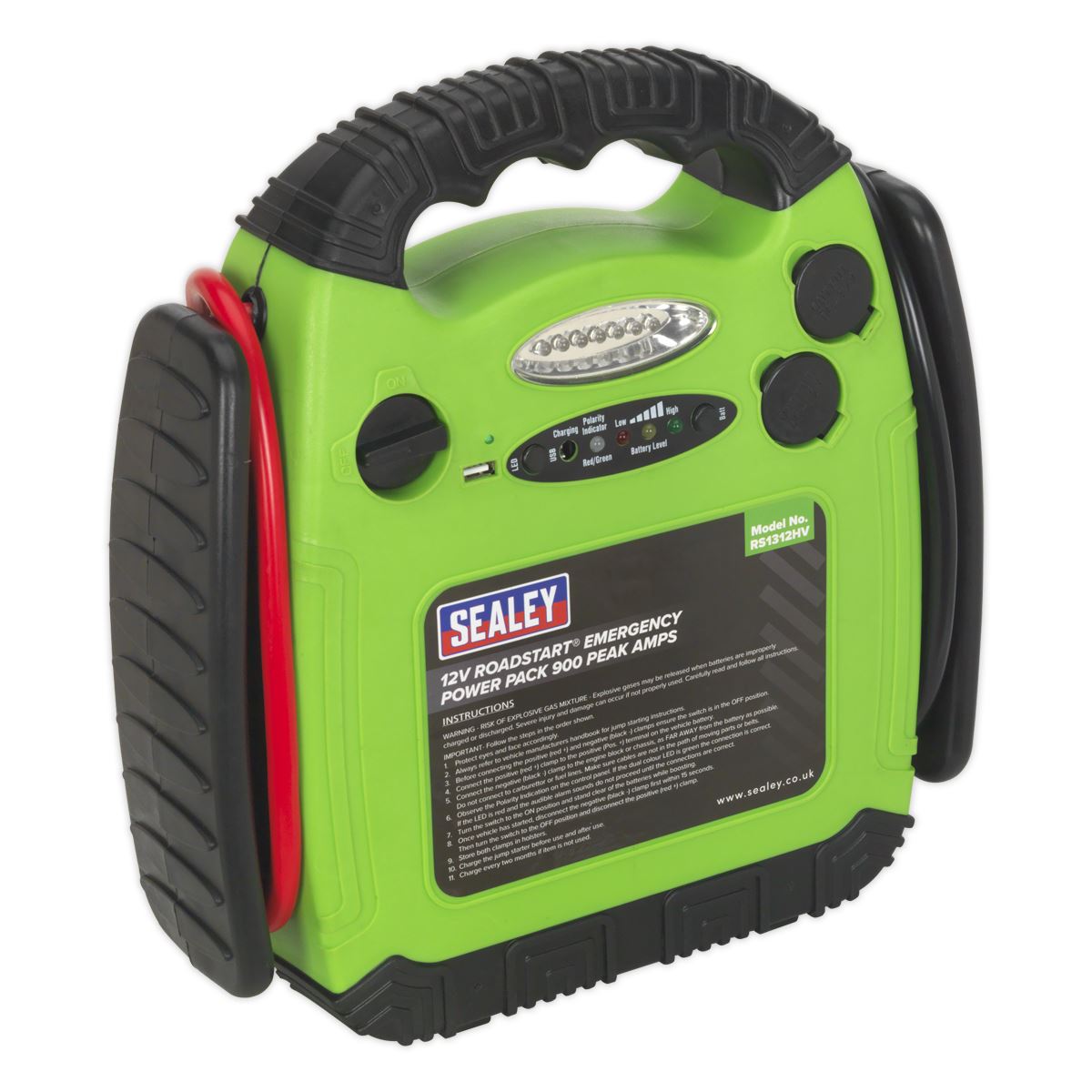 Sealey RoadStart&reg; Emergency Jump Starter 12V 900 Peak Amps Hi-Vis Green RS1312HV