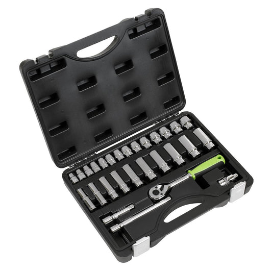 Sealey Metric Socket Set 28pc 3/8"Sq Drive 6pt Deep And Standard Length S01236