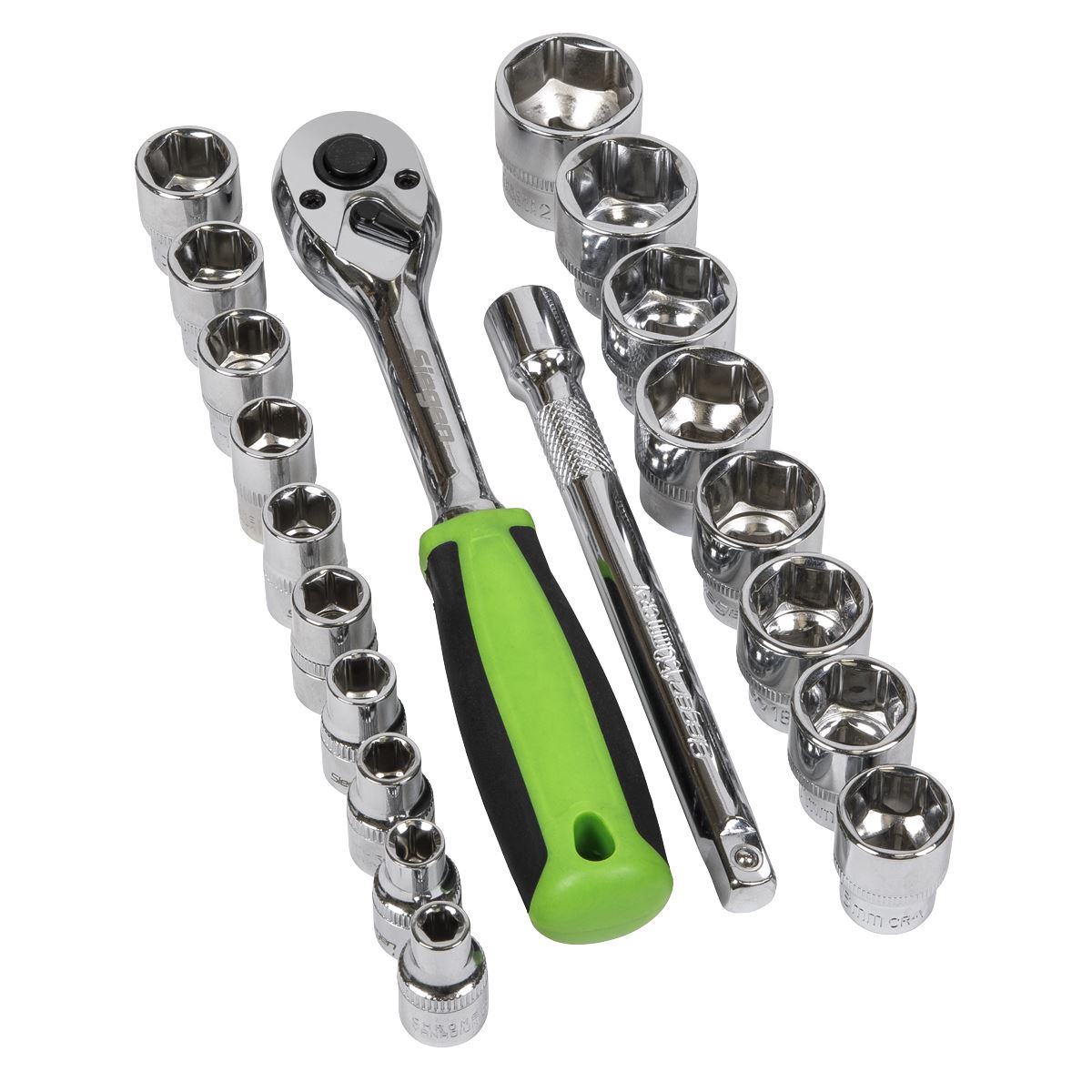 Sealey Metric Socket Set 19pc 3/8"Sq Drive 6pt Chrome On A Storage Rack S01243