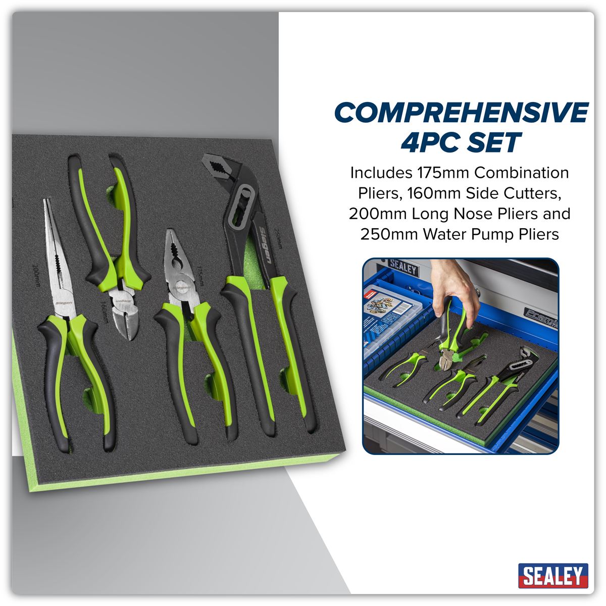 Sealey Comfort Grip Pliers Set 4pc Combination Pointed Cutter Watrerpump S01298