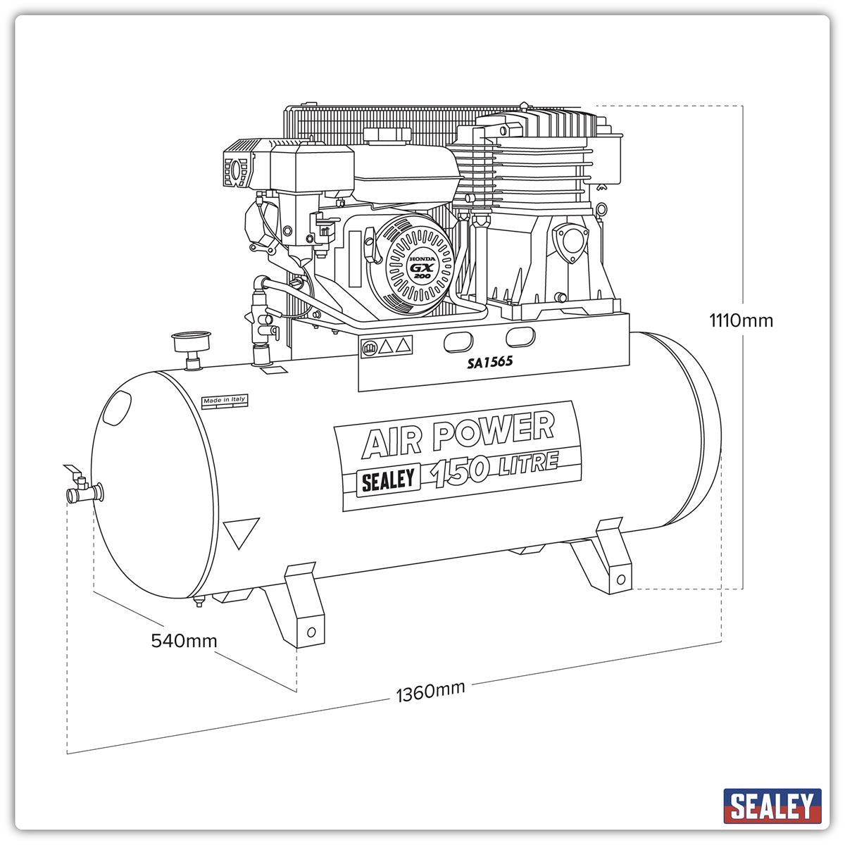 Sealey Air Compressor 150L Belt Drive Petrol Engine 6.5hp SA1565