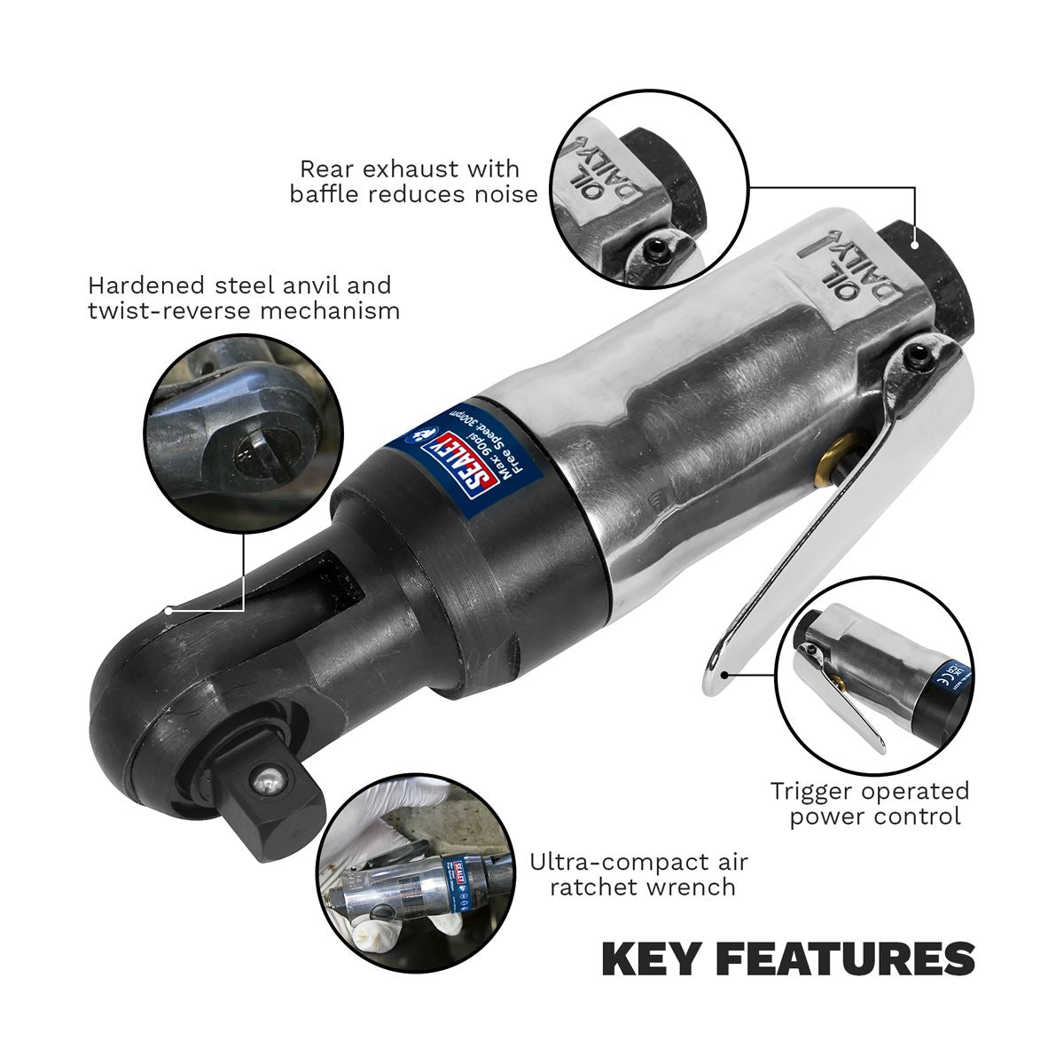 Sealey Air Ratchet Wrench 3/8"Sq Drive Super Stubby SA231