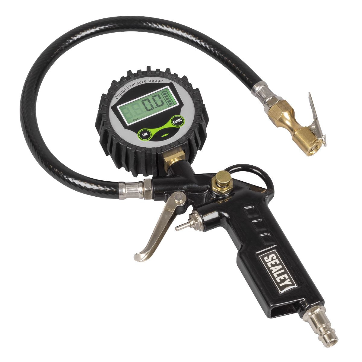 Sealey Digital Pistol Grip Tyre Inflator & Clip-On Connector 320MM Hose SA332D