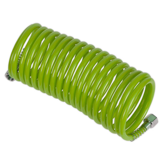 Sealey PE Coiled Air Hose 5m x 5mm With 1/4"BSP Unions Green SA335G