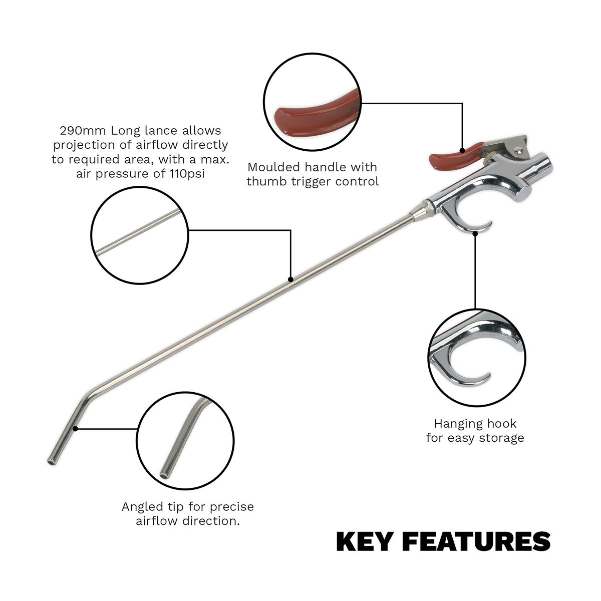 Sealey Air Blow Gun Palm Type 290mm With 1/4"BSP Air Inlet SA913L