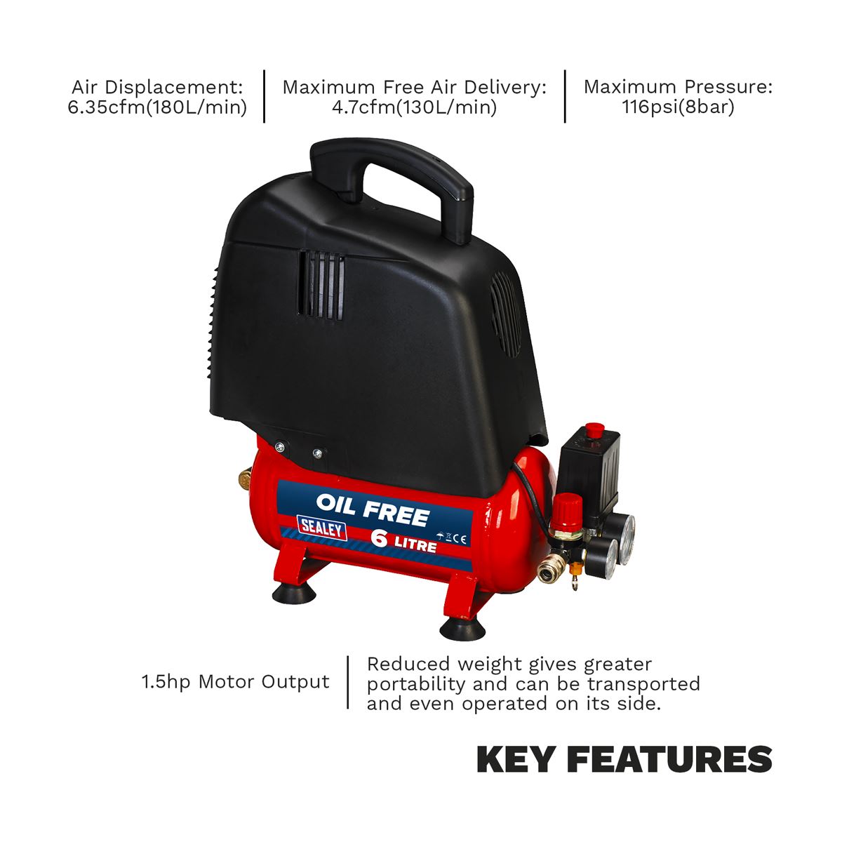 Sealey Air Compressor 6L Belt Drive 1.5hp Oil Free SAC00615