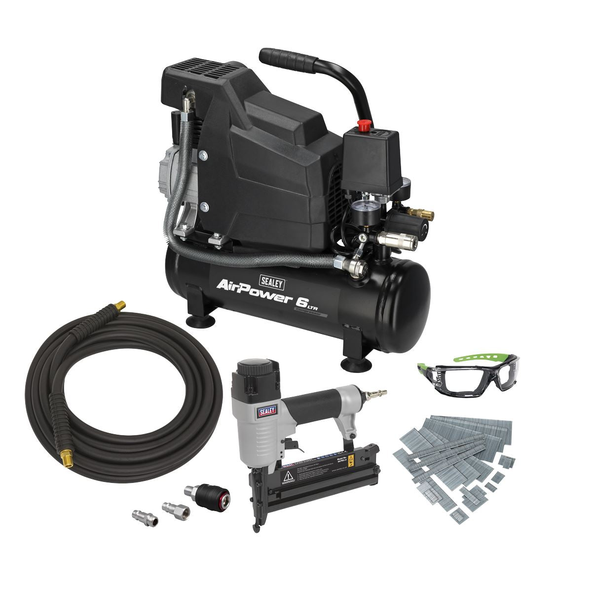Sealey Air Compressor Kit With Air Nail Staple Gun Air Hose & Nails SAC0620AKIT