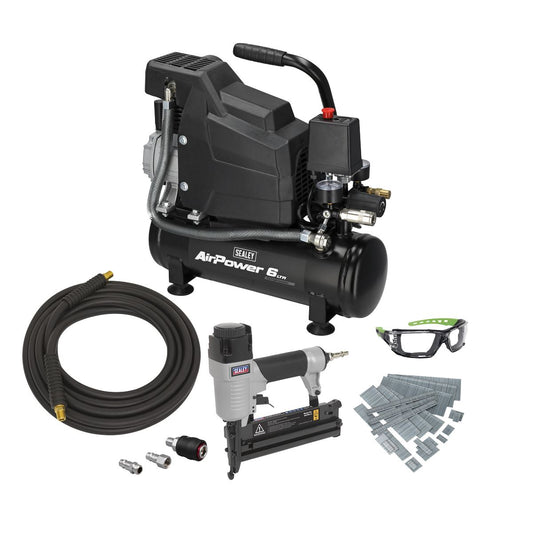 Sealey Air Compressor Kit With Air Nail Staple Gun Air Hose & Nails SAC0620AKIT