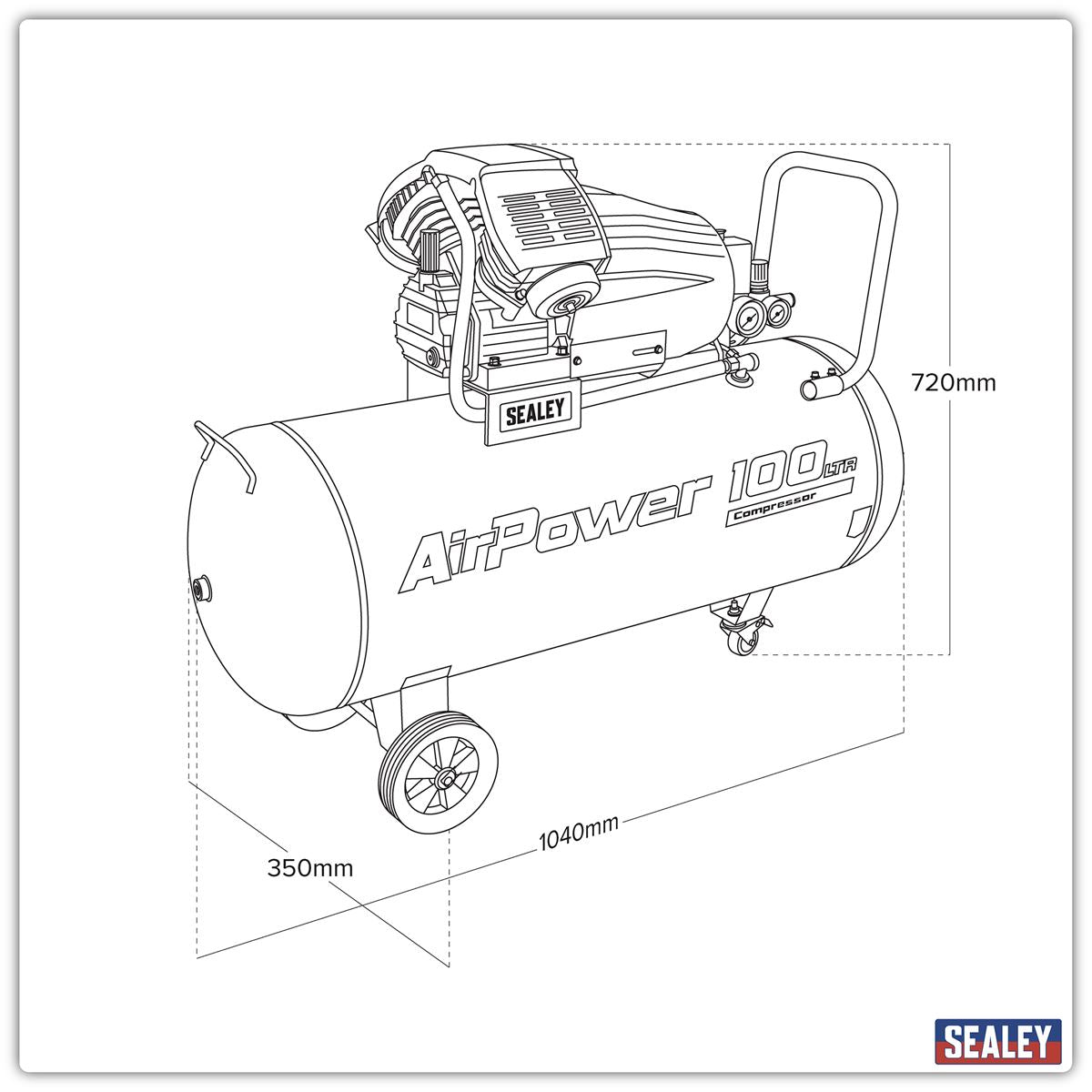Sealey 100L V-Twin Direct Drive Air Compressor 3hp 230V 13A Portable SAC10030VA