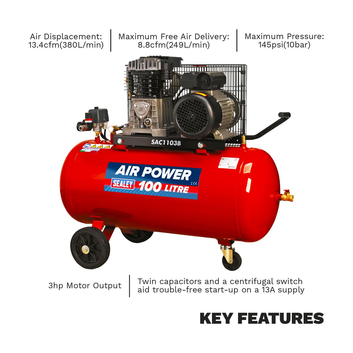 Sealey Air Compressor 100L Belt Drive 3hp with Cast Cylinders & Wheels SAC1103B