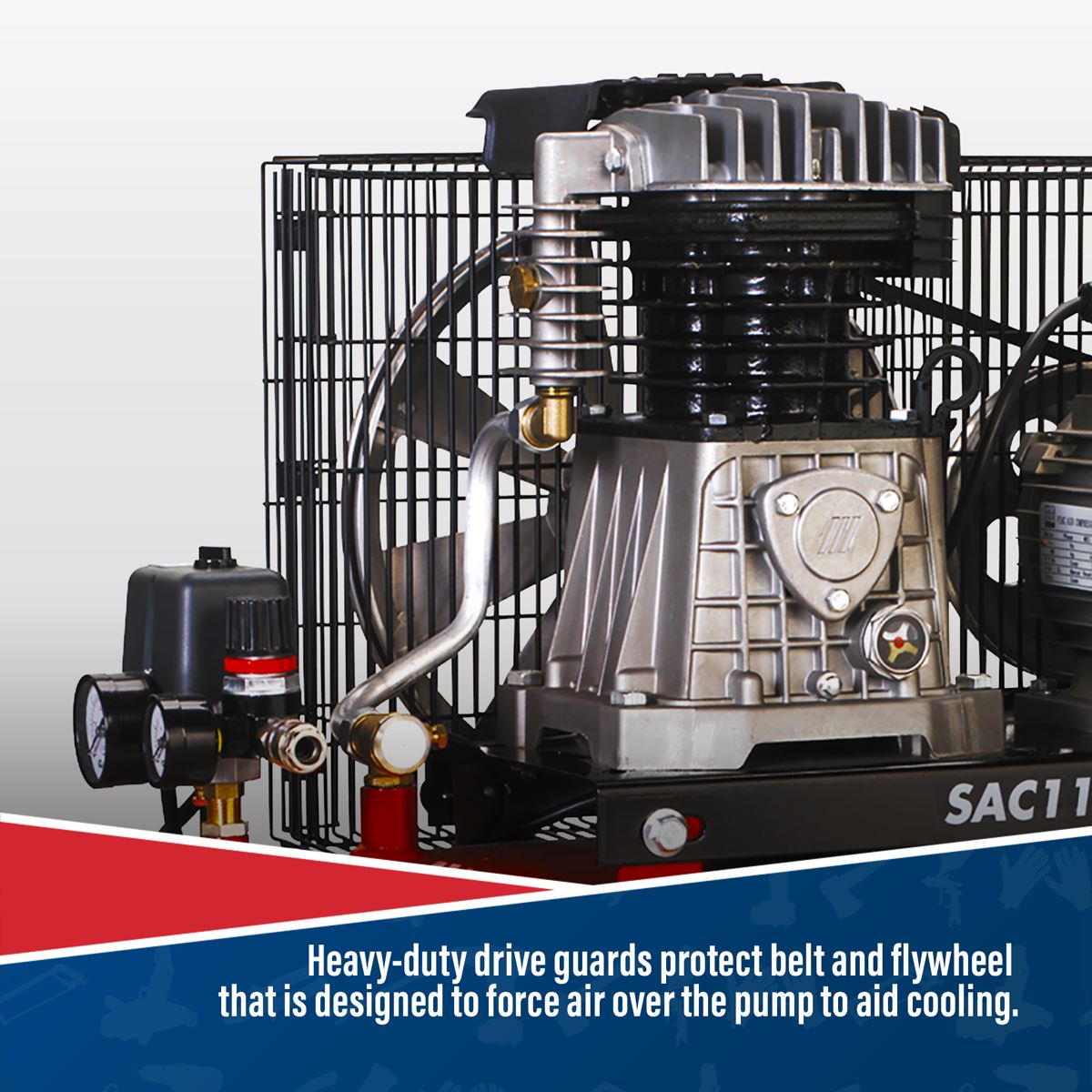 Sealey Air Compressor 100L Belt Drive 3hp with Cast Cylinders & Wheels SAC1103B