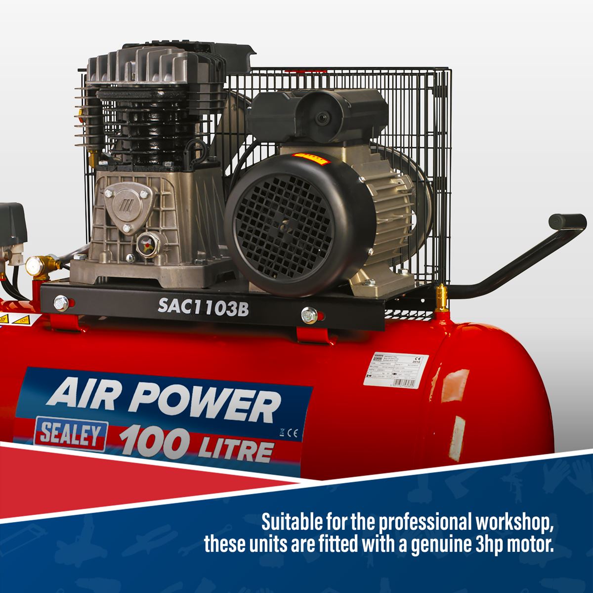 Sealey Air Compressor 100L Belt Drive 3hp with Cast Cylinders & Wheels SAC1103B