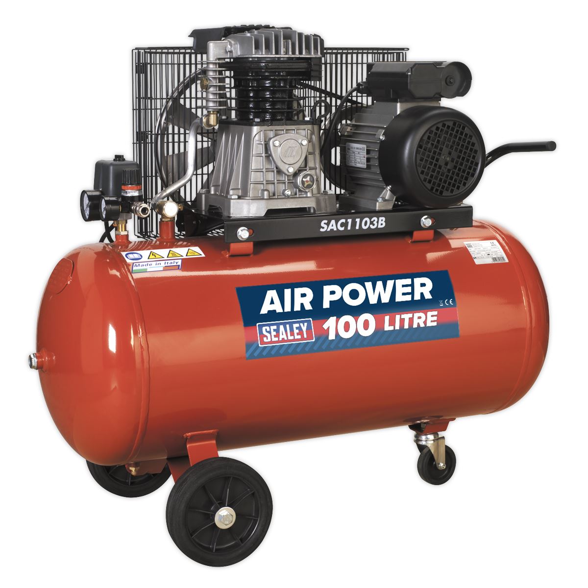Sealey Air Compressor 100L Belt Drive 3hp with Cast Cylinders & Wheels SAC1103B