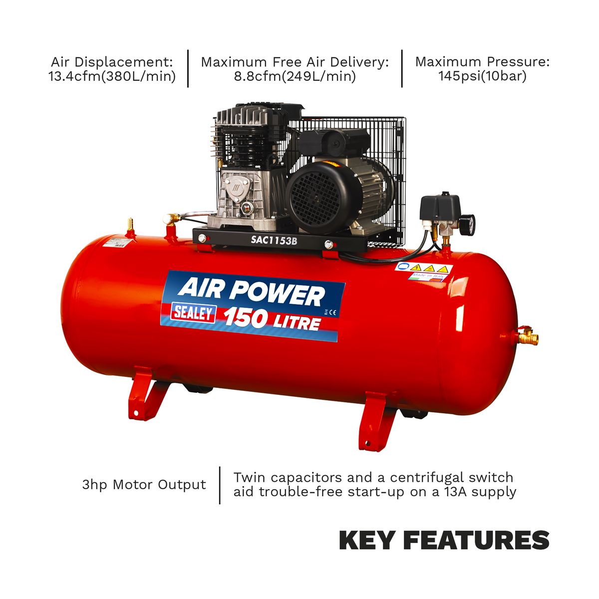 Sealey Air Compressor 150L Belt Drive 3hp with Cast Cylinders SAC1153B