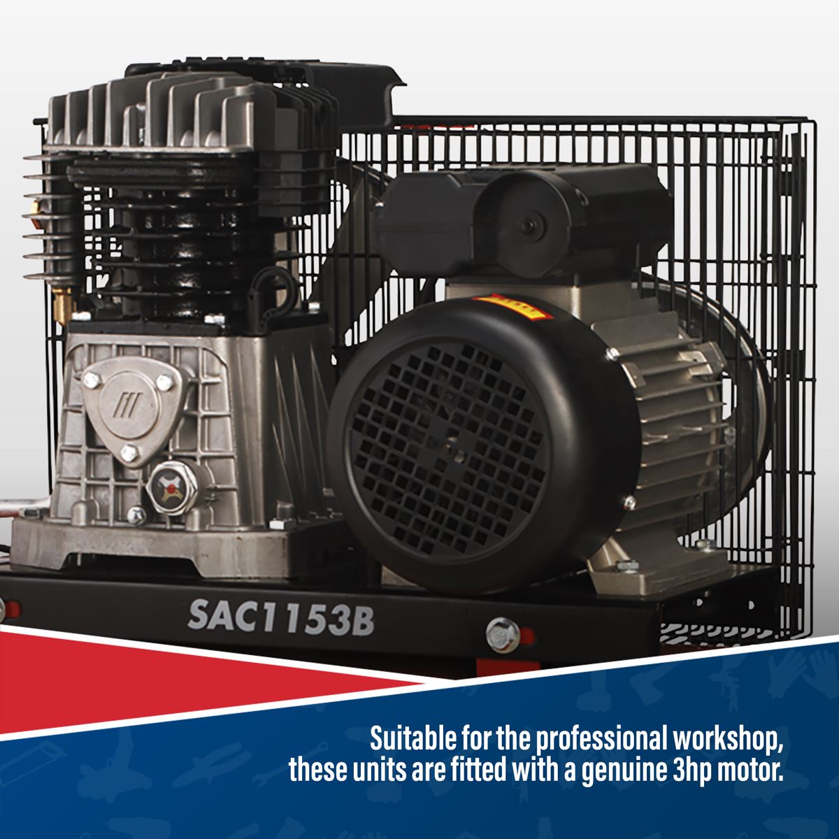 Sealey Air Compressor 150L Belt Drive 3hp with Cast Cylinders SAC1153B