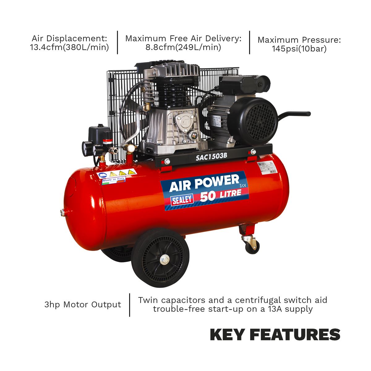 Sealey Air Compressor 50L Belt Drive 3hp with Cast Cylinders & Wheels SAC1503B