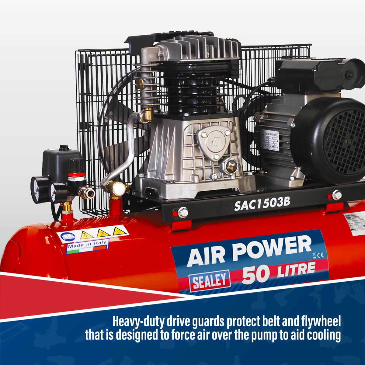 Sealey Air Compressor 50L Belt Drive 3hp with Cast Cylinders & Wheels SAC1503B