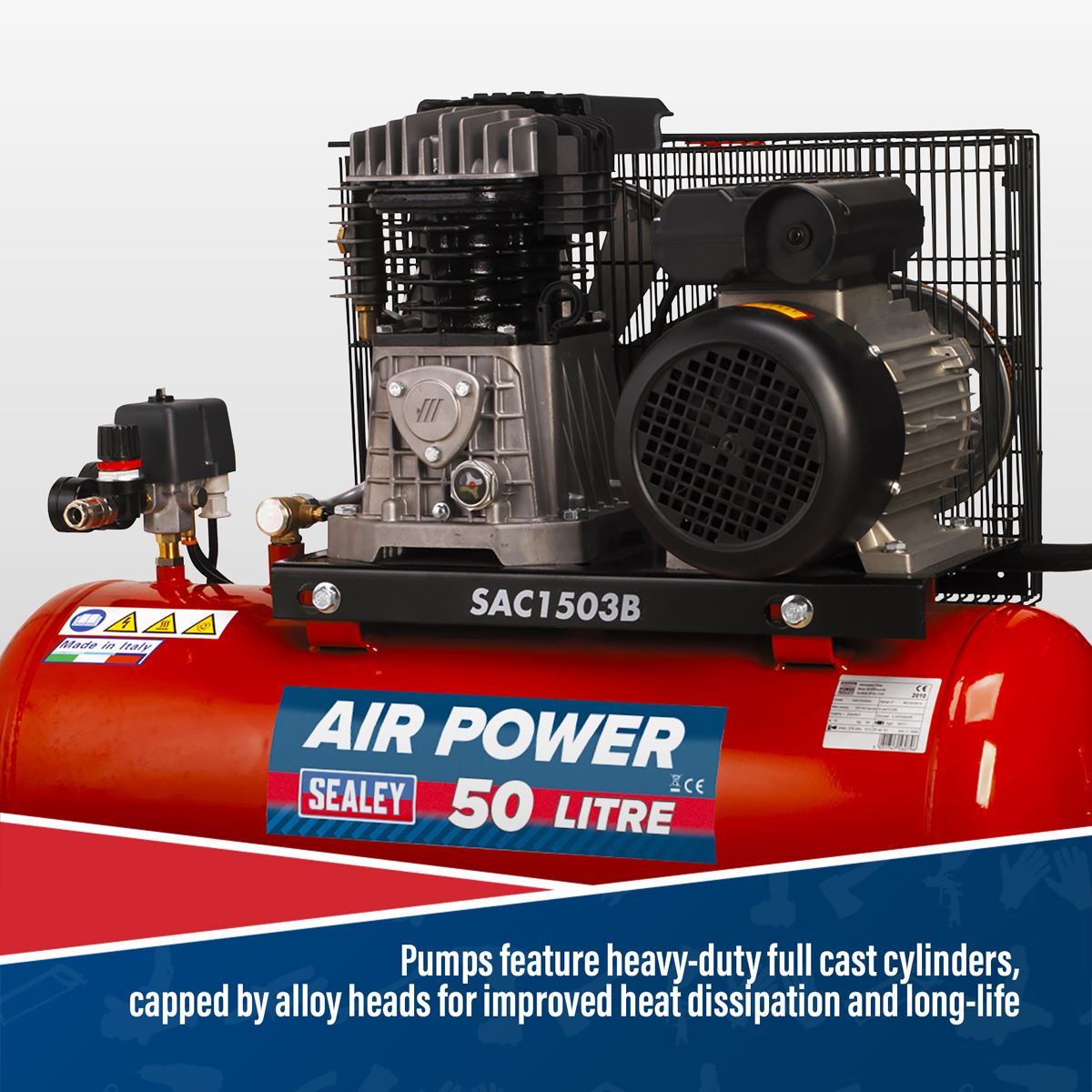 Sealey Air Compressor 50L Belt Drive 3hp with Cast Cylinders & Wheels SAC1503B