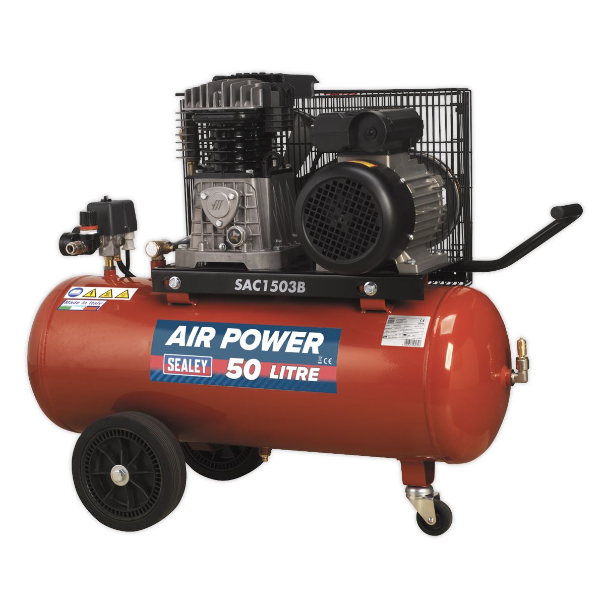 Sealey Air Compressor 50L Belt Drive 3hp with Cast Cylinders & Wheels SAC1503B