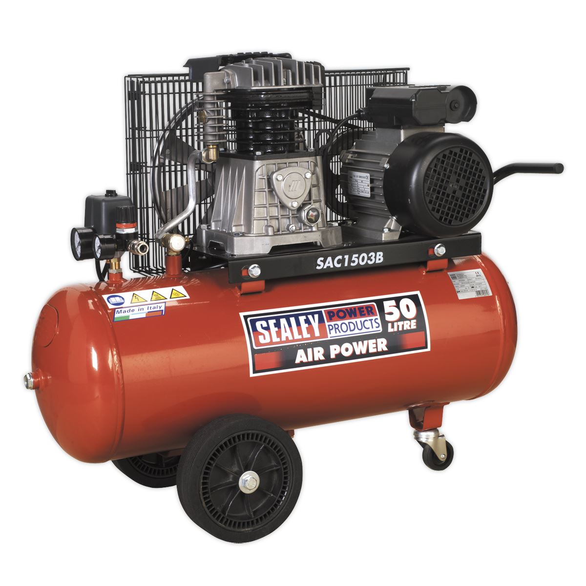 Sealey Air Compressor 50L Belt Drive 3hp with Cast Cylinders & Wheels SAC1503B