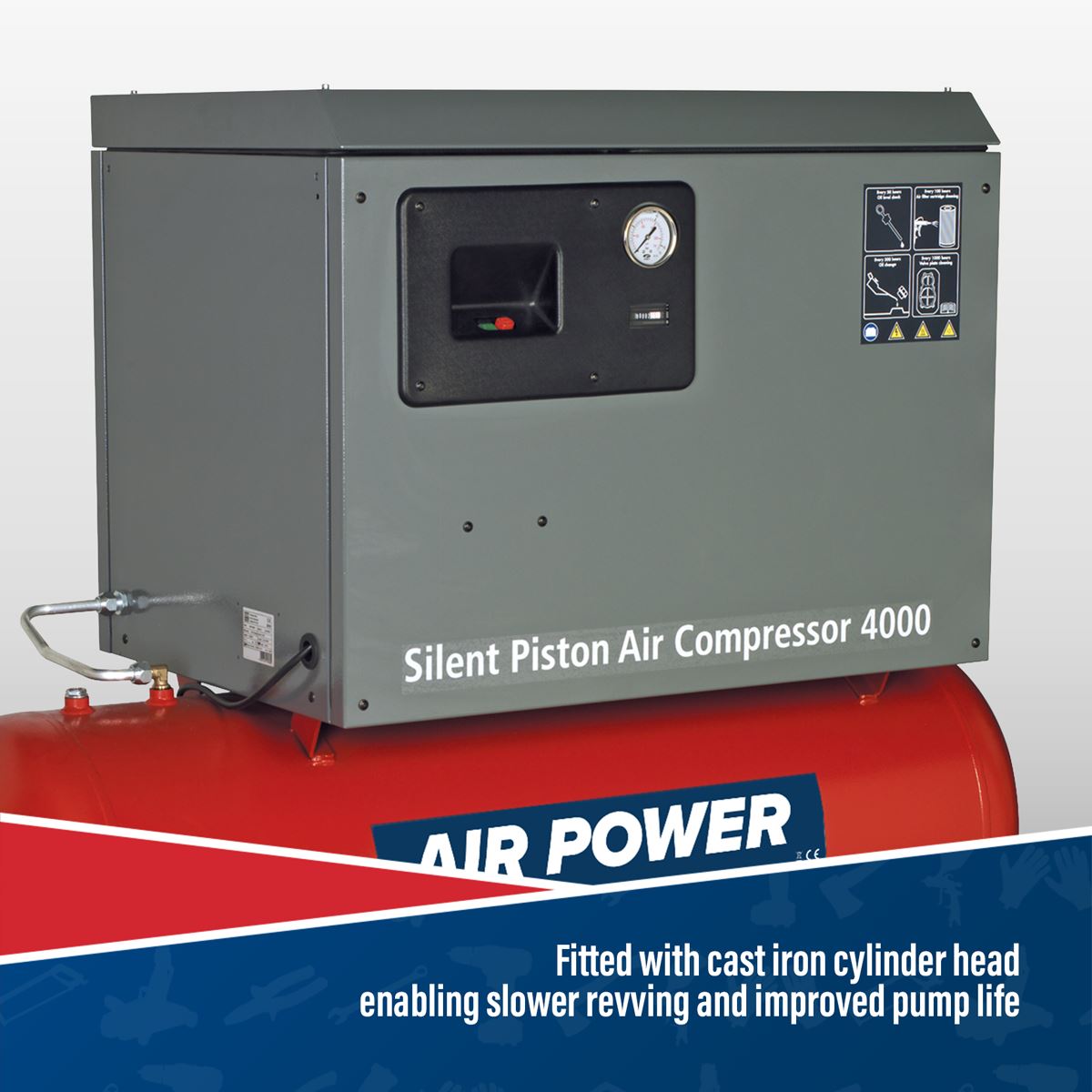 Sealey Air Compressor 200L Belt Drive 3hp Cast Cylinders Low Noise SAC2203BLN